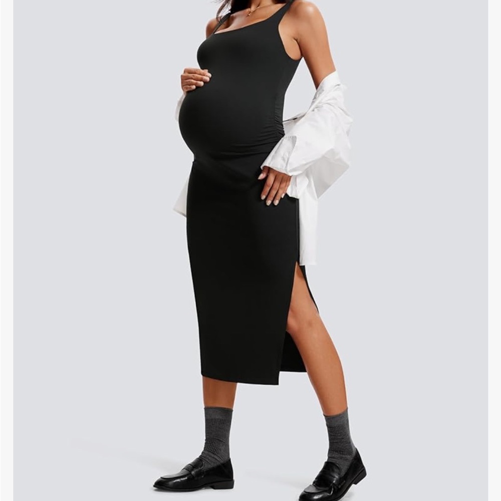 CRZ YOGA Butterluxe Maternity Square Neck Midi Dress - Split Ruched